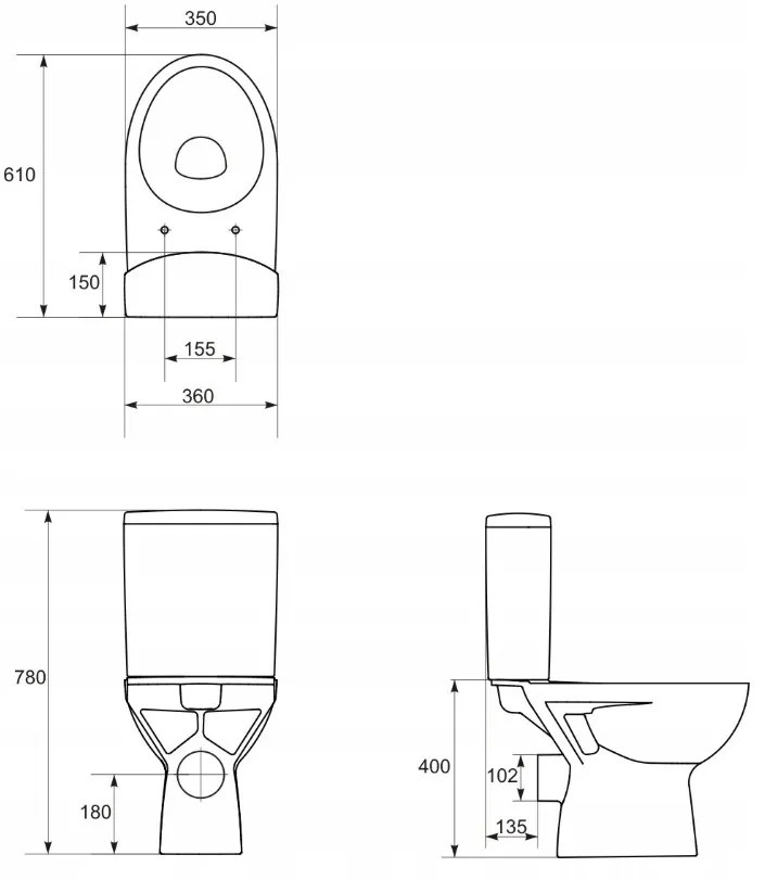 Cersanit Parva, kombi wc s horizontálnym odtokom, bočný prívod vody a splachovaním 3/6L + antibakteriálnym sedátkom z doruplastu s pomalým zatváraním, biela, K27-002