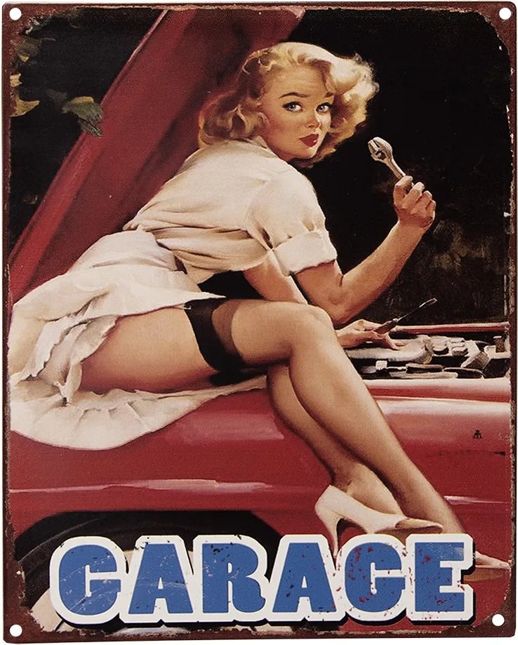 Čiernočervená antik nástenná kovová ceduľa Garage - 20*1*25 cm