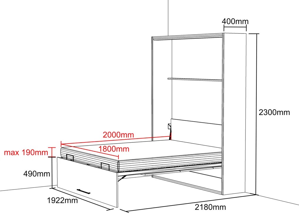 Nabytekmorava Sklápacia posteľ VS 21054, 200 x 180cm Typ farebného prevedenia: Dub sonoma tmavý / dvere dub sonoma tmavý