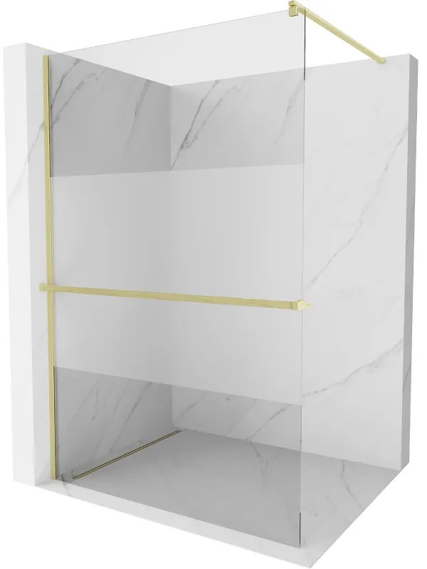Mexen Kioto+, sprchová zástena Walk-In s poličkou a vešiakom 80 x 200 cm, 8mm číre sklo-námraza, zlatý matný profil, 800-080-121-55-35