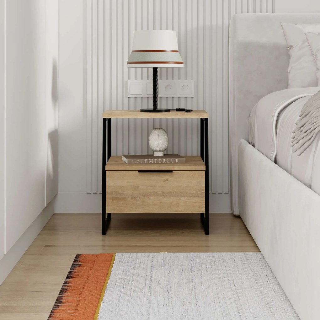 Nočný stolík Houseland Pal dub prírodný/čierny