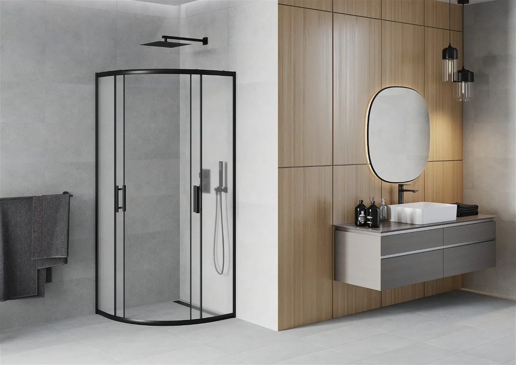 Mexen Rio, štvrťkruhový sprchovací kút s posuvnými dverami 80 (dvere) x 80 (dvere) x 190 cm, 5mm sklo námraza, čierny profil, 863-080-080-70-30