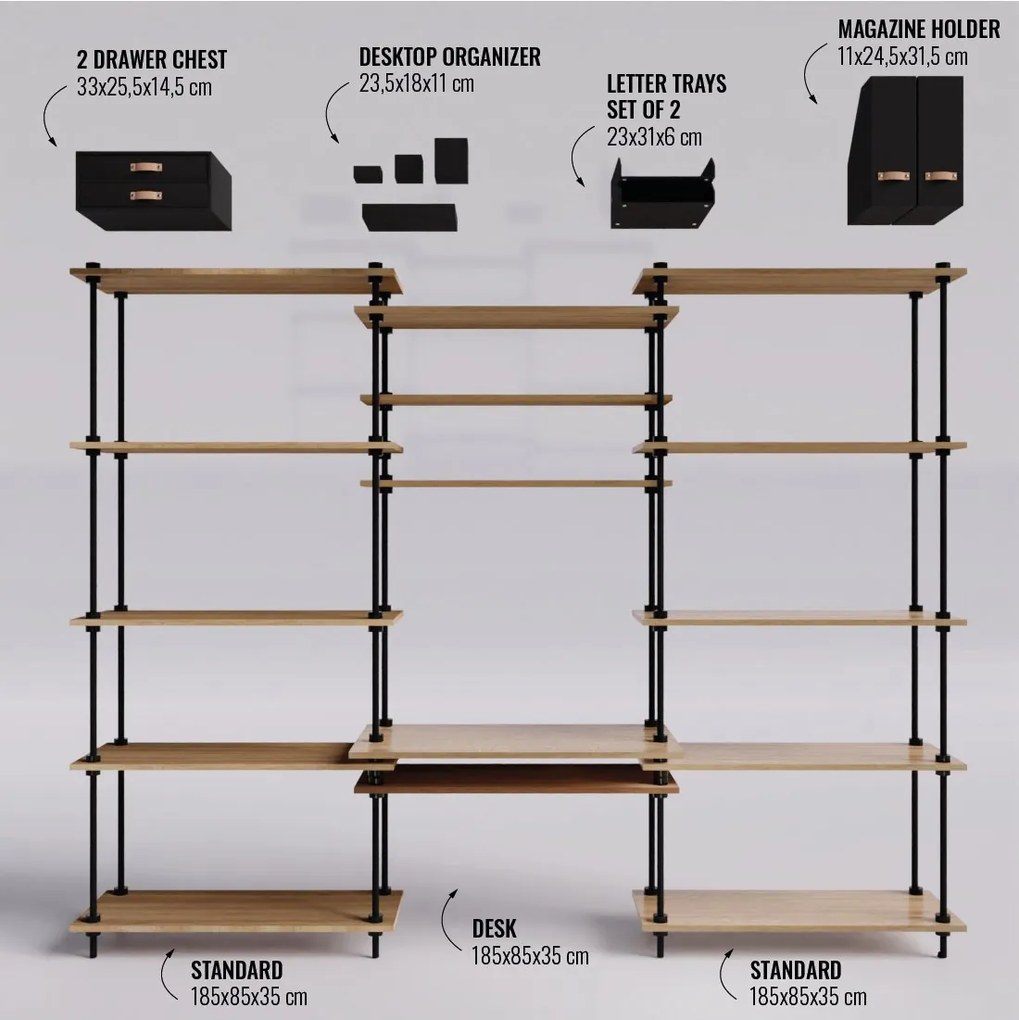 Regál s písacím stolom DECO s 15 policami a čiernym príslušenstvom, 185x235x35/52,5 cm