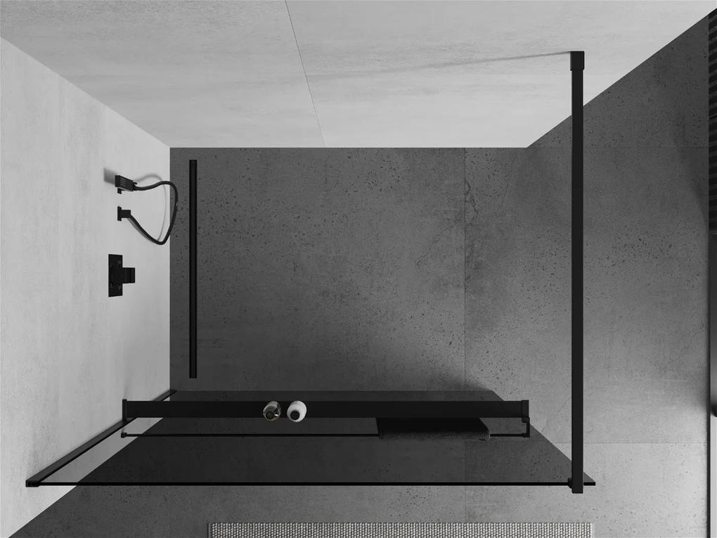Mexen Kioto+, sprchová zástena s poličkou a držiakom na uteráky 110 x 200 cm, 8mm šedé sklo, čierny profil, 800-110-121-70-40