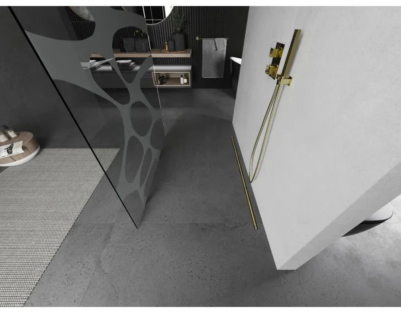 Mexen Kioto, sprchová zástena Walk-In 140 x 200 cm, 8mm číre sklo biely vzor, zlatý matný profil, 800-140-002-55-97