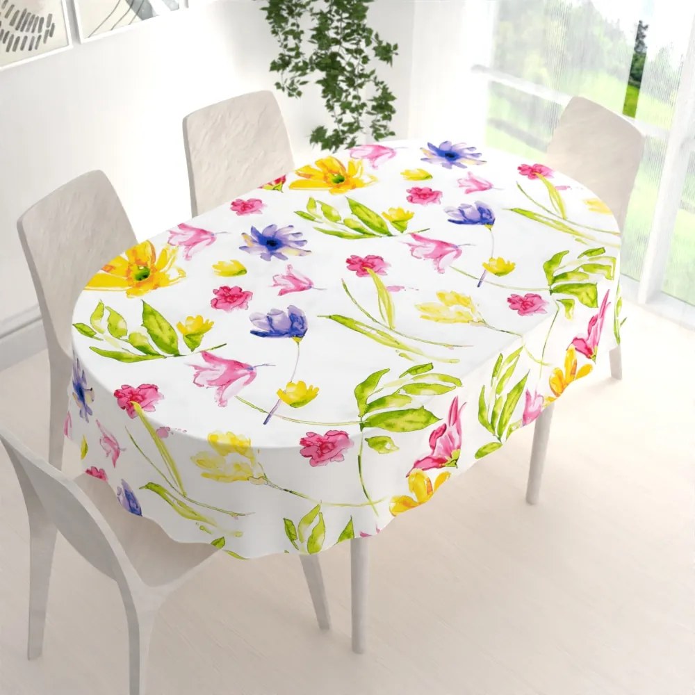 Biante Bavlnený oválny obrus Sandra SA-481 Žlto-ružové akvarelové kvety na bielom 140x180 cm