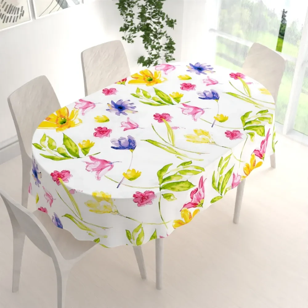 Biante Bavlnený oválny obrus Sandra SA-481 Žlto-ružové akvarelové kvety na bielom 50x100 cm