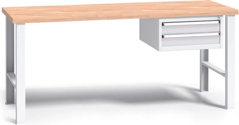 Pracovný stôl do dielne G3 so závesným boxom na náradie, buková škárovka, 2 zásuvky, pevné kovové nohy, 1700 mm, sivá