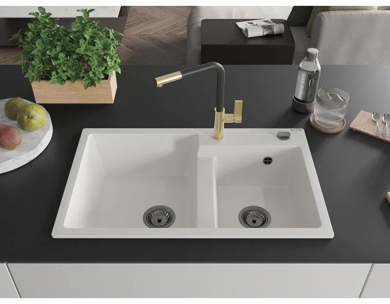 Mexen Tomas, 2-komorový granitový drez 800x500x190 mm a drezová batéria Flora, biela, 6516-20-670401-57-B