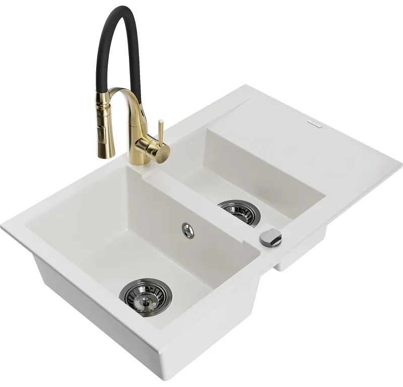 Mexen Gaspar, 1,5-komorový granitový drez 737x475x177 mm a drezová batéria Aster, biela, 6507-20-73450-57-B