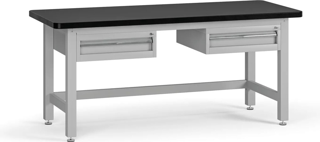 Pracovný stôl do dielne G4 s 2 závesnými boxami na náradie, MDF + PVC doska, 2 zásuvky, 1800 x 750 x 800 mm, sivá