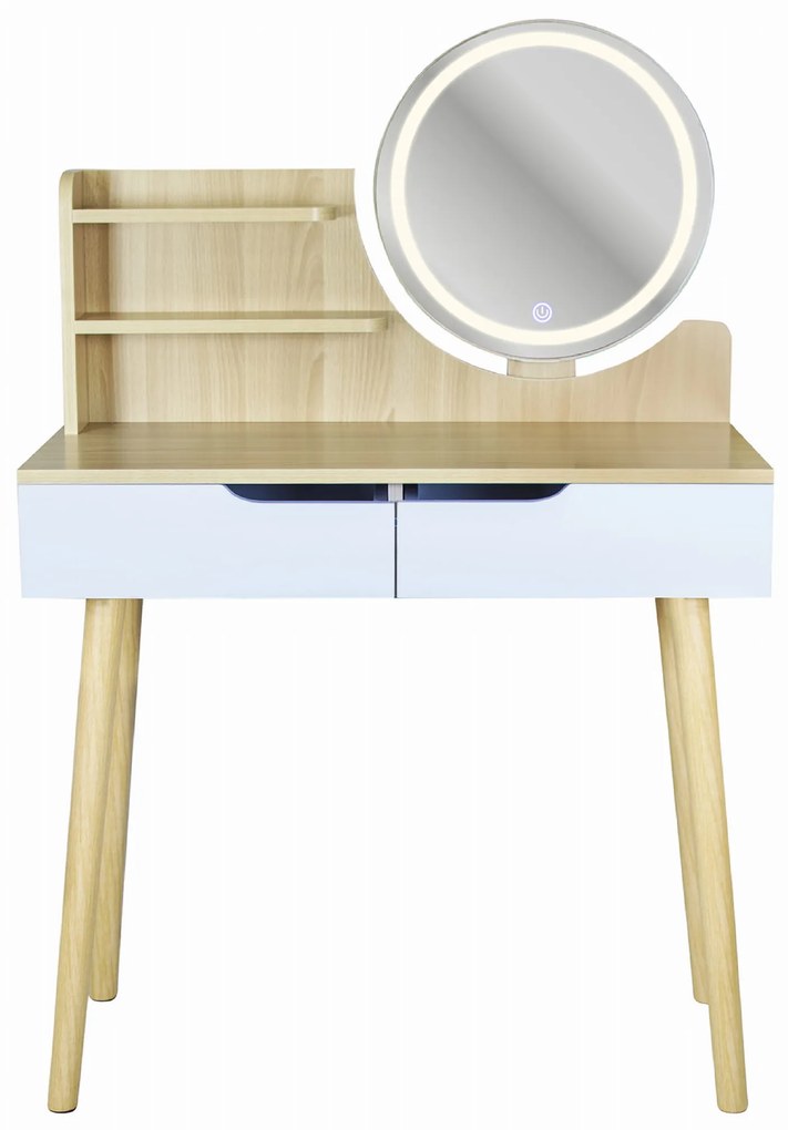 Toaletný stolík SCANDI s LED zrkadlom – bukové drevo/biely