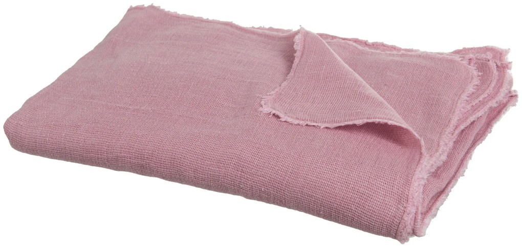 Ružový opraný ľanový pléd so strapcovitým volánikom Romantic - 150*200 cm