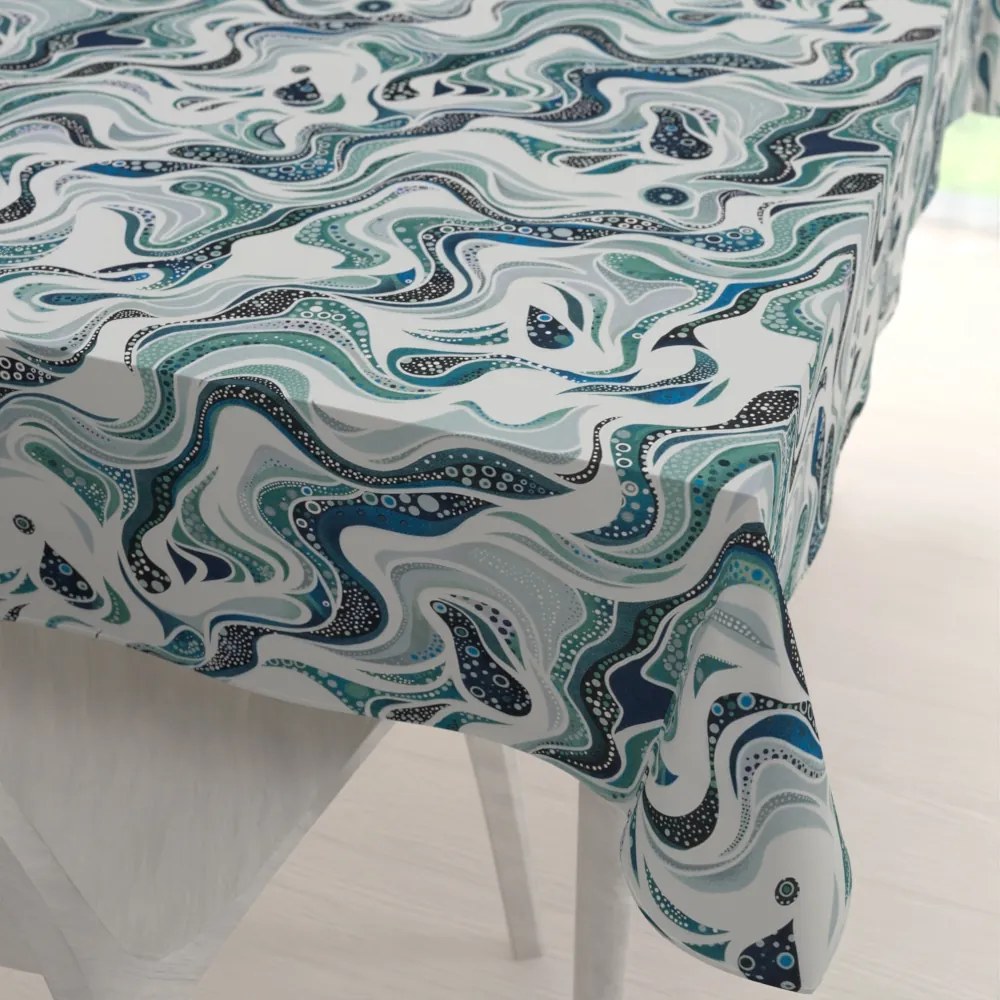Biante Bavlnený obdĺžnikový obrus Sandra SA-587 Modro-zelené designové vlnky na mintovom 140x220 cm