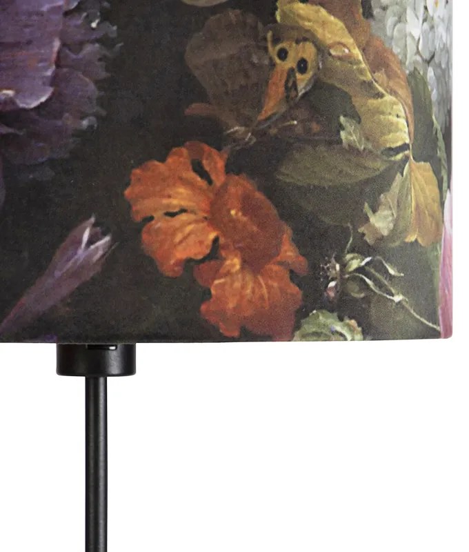 Stojaca lampa čierna s plyšovým tienidlom s kvetmi 35 cm - Parte