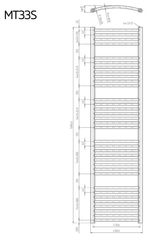 Mereo, Vykurovací rebrík 600x1690 mm, oblý, biely, stredové pripojenie, MER-MT43S