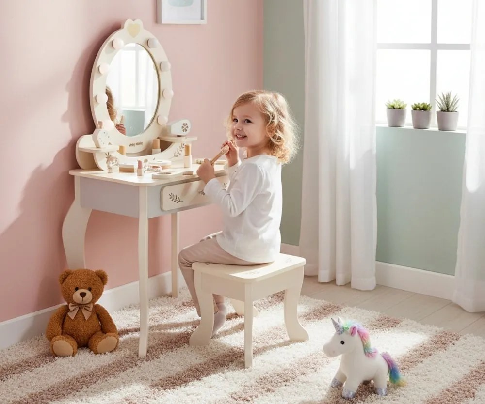 Veľká drevená toaletka ELLY pre deti s LED svetlom a taburetkou natural