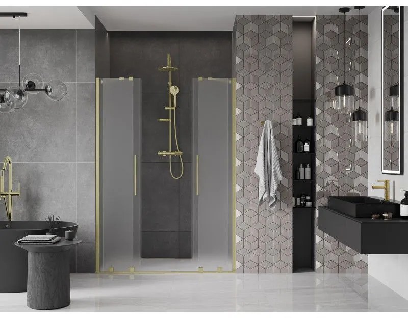 Mexen Velar Duo, posuvné sprchové dvere do otvoru 140 cm, 8mm sklo námraza, zlatá matná, 871-140-000-32-55