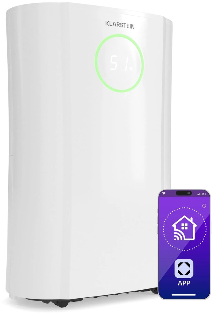 Klarstein DryFy ProConnect 24L odvlhčovač vzduchu, 24 l/deň, 30 m², WiFi, Aplikácia, LED indikátor, 24-hodinový časovač