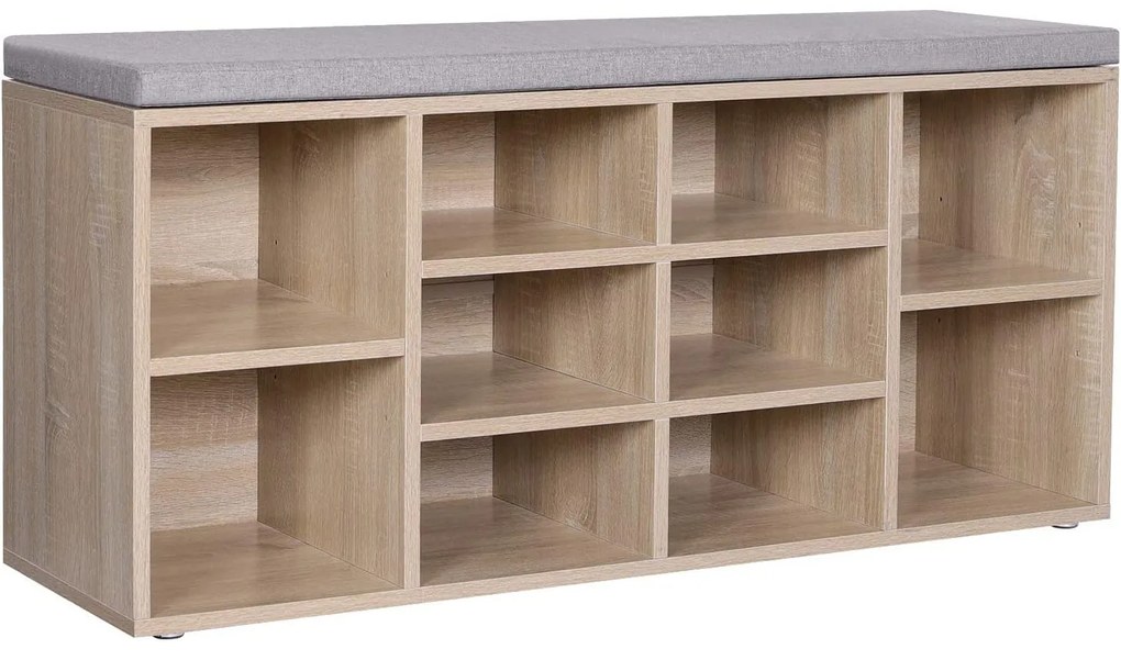 Lavica na topánky s 10 priehradkami, botník s poduškou, 104 x 30 x 48 cm, dub