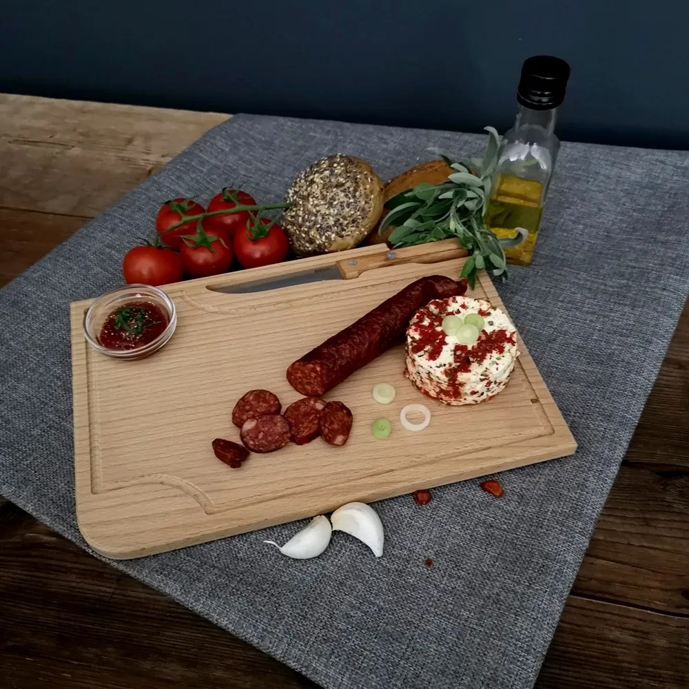 AMADEA Drevená doštička na steak s nožom a miskou, masívne drevo, 30x20x1, 5 cm