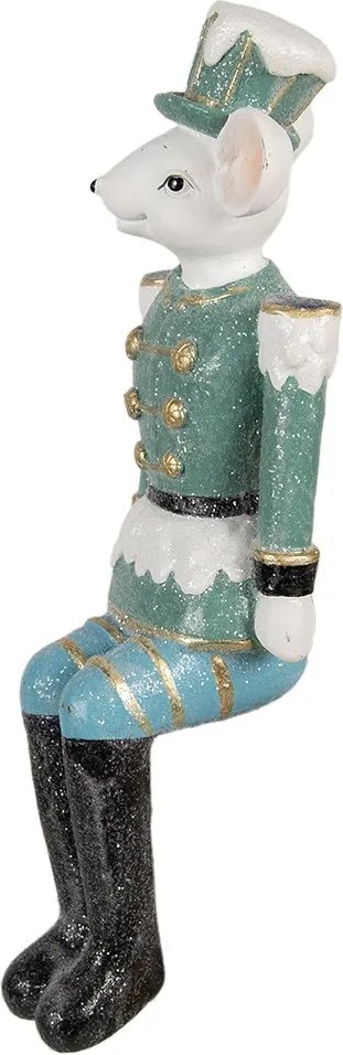 Zeleno-modrá dekorácia sediaca socha Myška v uniforme - 10*7*19 cm