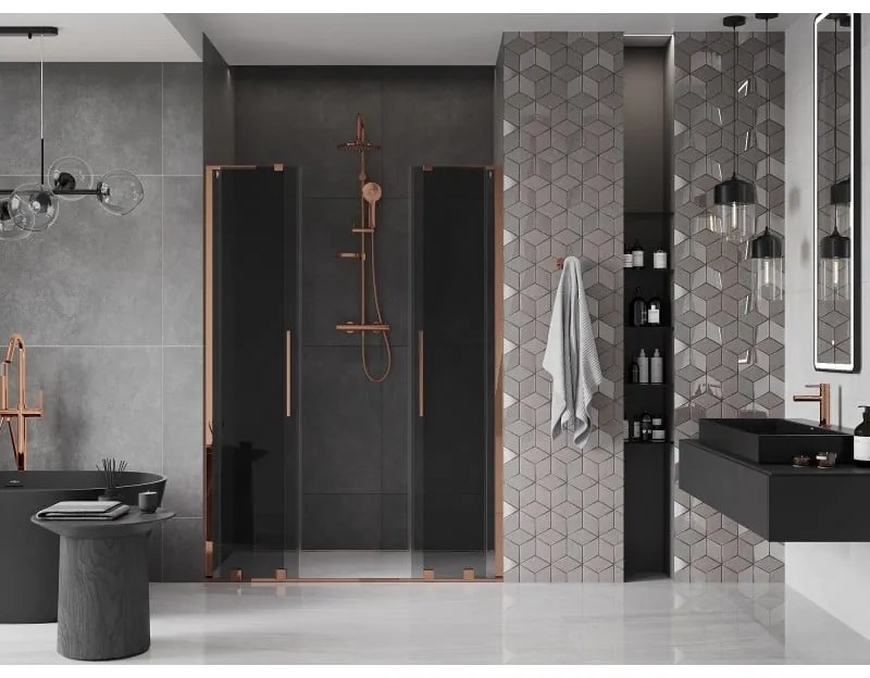 Mexen Velar L Duo, posuvné sprchové dvere do otvoru 150 cm, 8mm šedé sklo, ružové zlato, 871-150-003-42-60