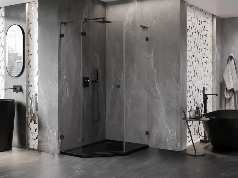 Mexen Lunar, L päťuholníkový sprchový kút naklápací doľava 80 x 90 cm, 8mm číre sklo, čierny profil, 831L-080L-090P-70-00-L