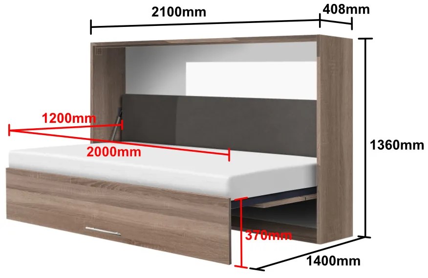 Nabytekmorava Sklápacia posteľ VS1056, 200x120cm farba lamina: dub sonoma svetlá/biele dvere, Varianta dverí: lesklé