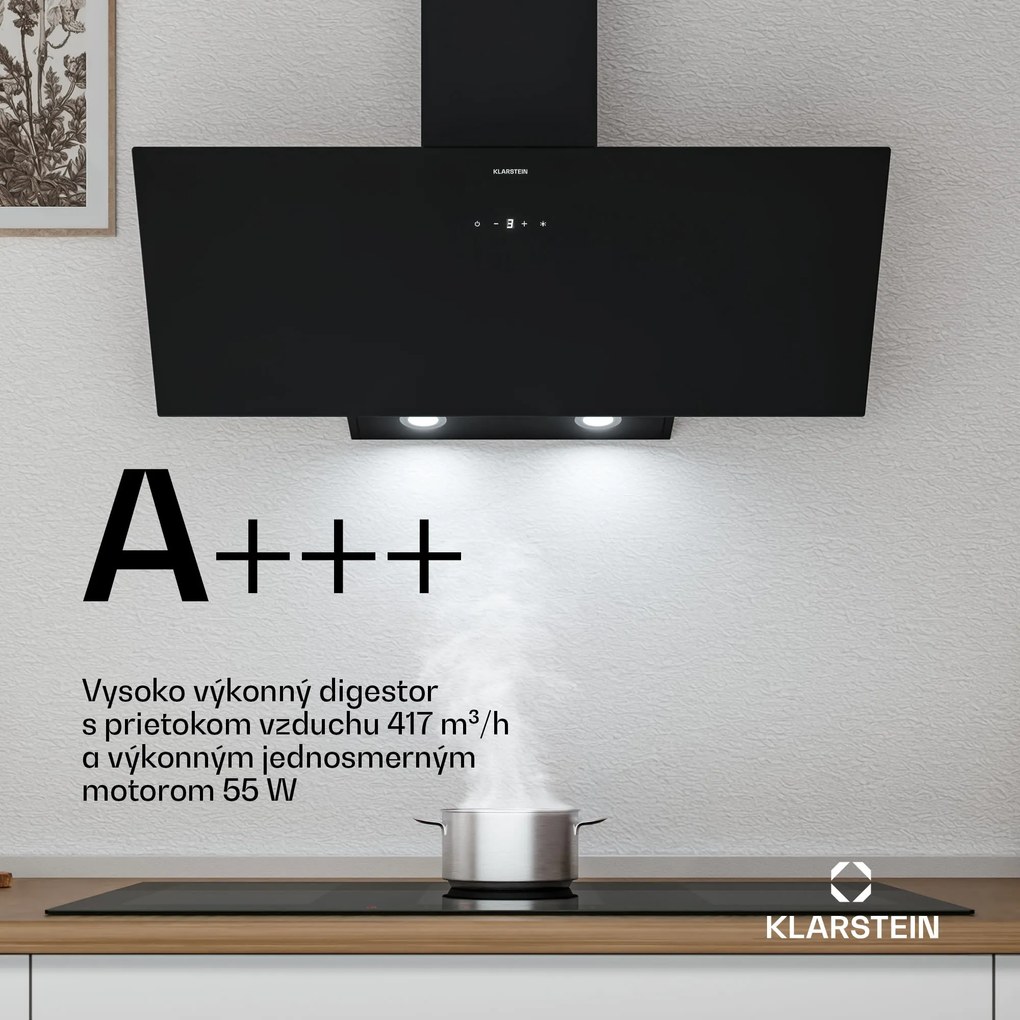 Klarstein Laurel šikmý digestor | režim odsávania vzduchu a recirkulácie | bezpečnostné sklo | 417 m³/h | 90 cm