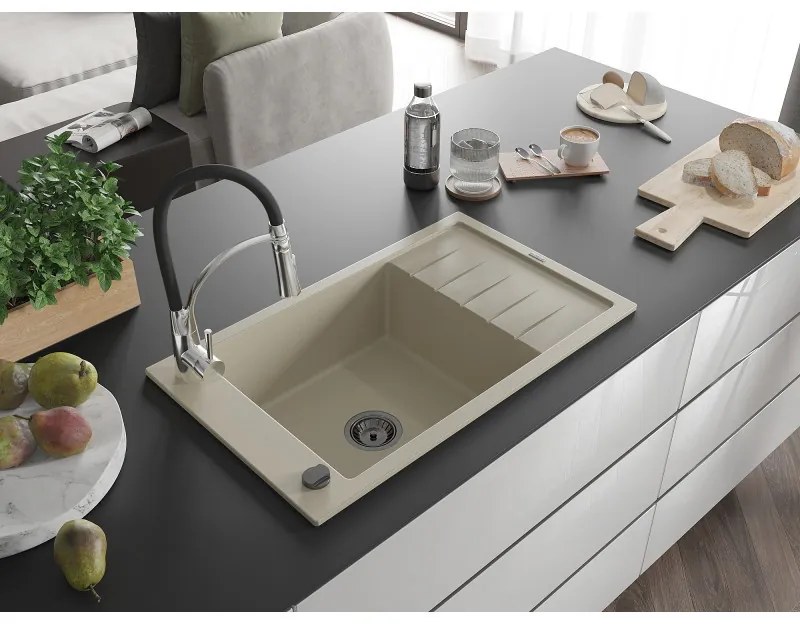 Mexen Elias, 1-komorový granitový drez 795x480x200 mm a drezová batéria Aster, béžová, 6511-69-73450-07-B