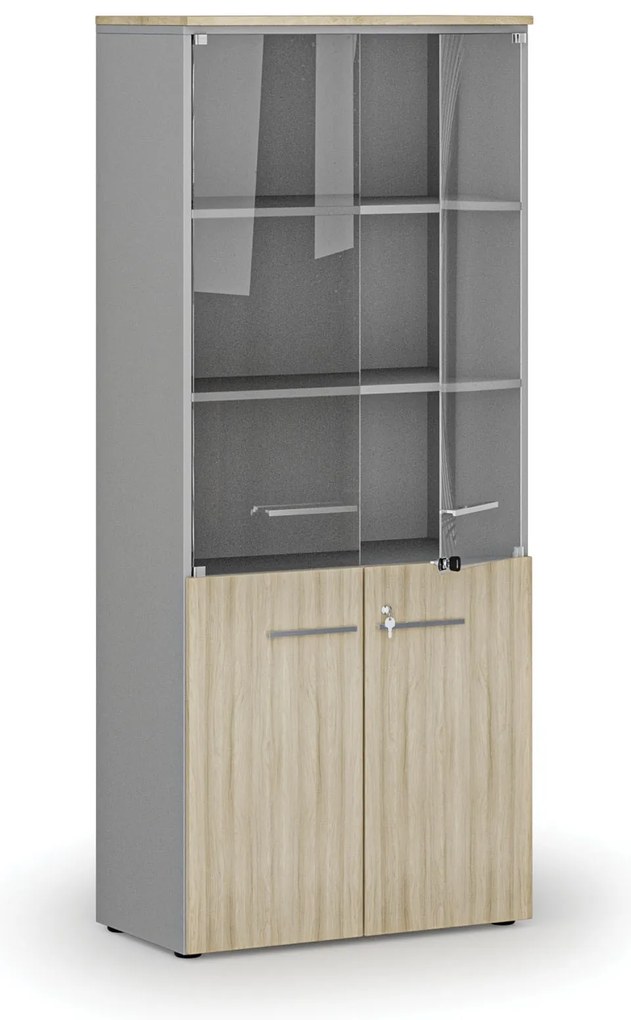 Kombinovaná kancelárska skriňa s drevenými a sklenenými dverami PRIMO GRAY, 800 x 420 x 1781 mm, sivá/dub prírodný