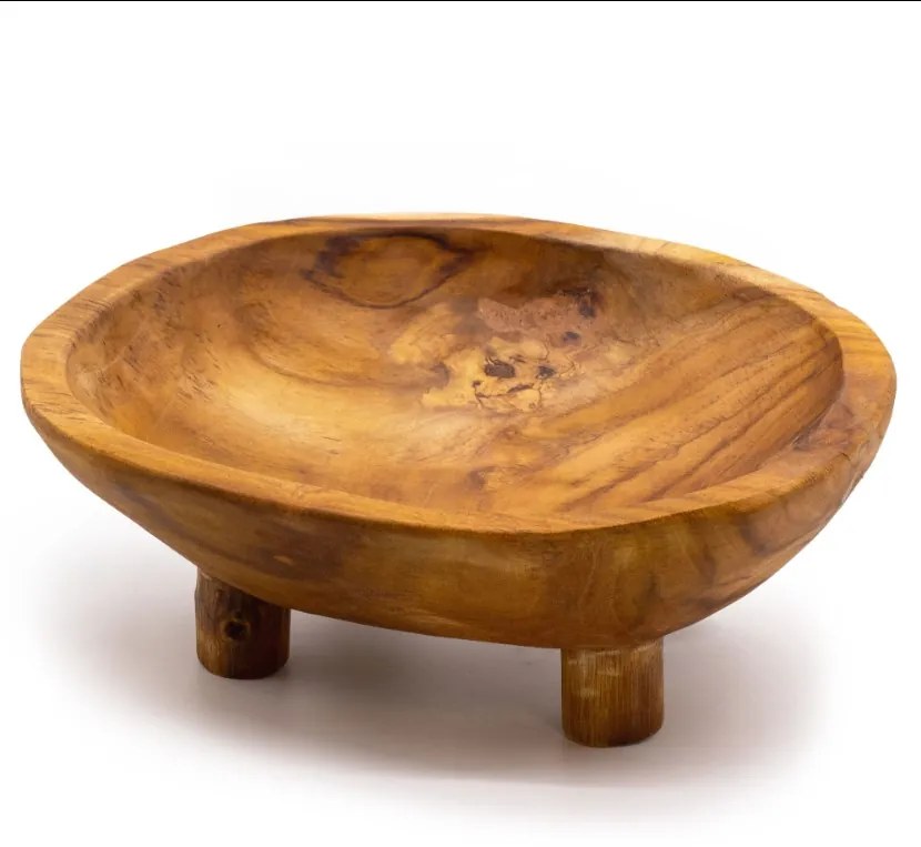 Hladká Miska na Ovocie z Teakového Dreva na Nožičkách - 30x23x10cm