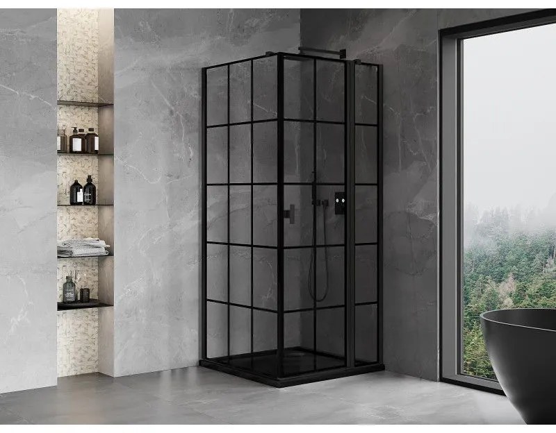 Mexen Mist T, sprchový kút s krídlovými dverami, pravý, 95 x 95 cm, 8mm číre sklo, čierny profil, 8A4T-095-095-70-77-P