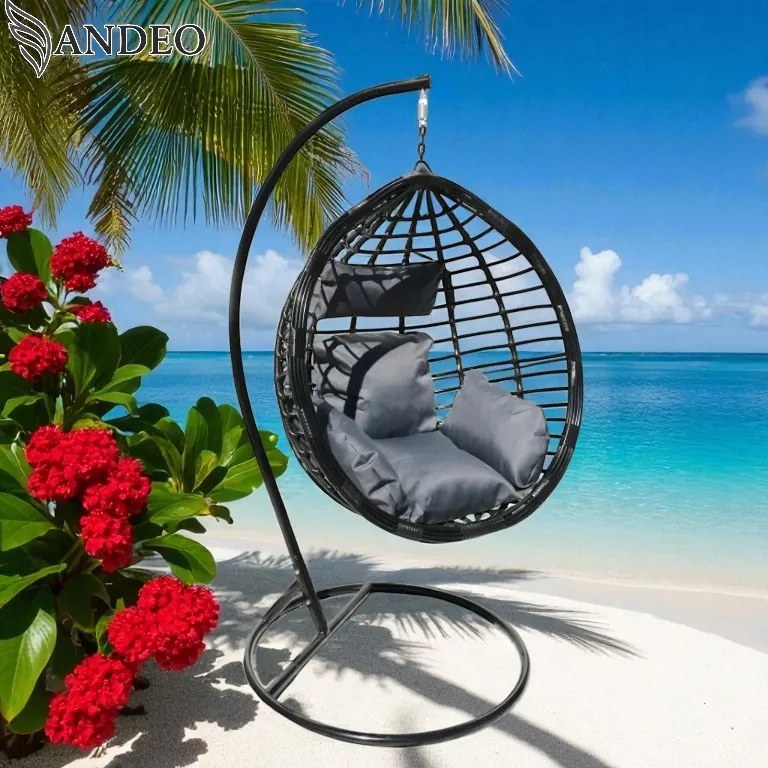 Závesné hojdacie kreslo TOBAGO - čierne + sivé vankúše