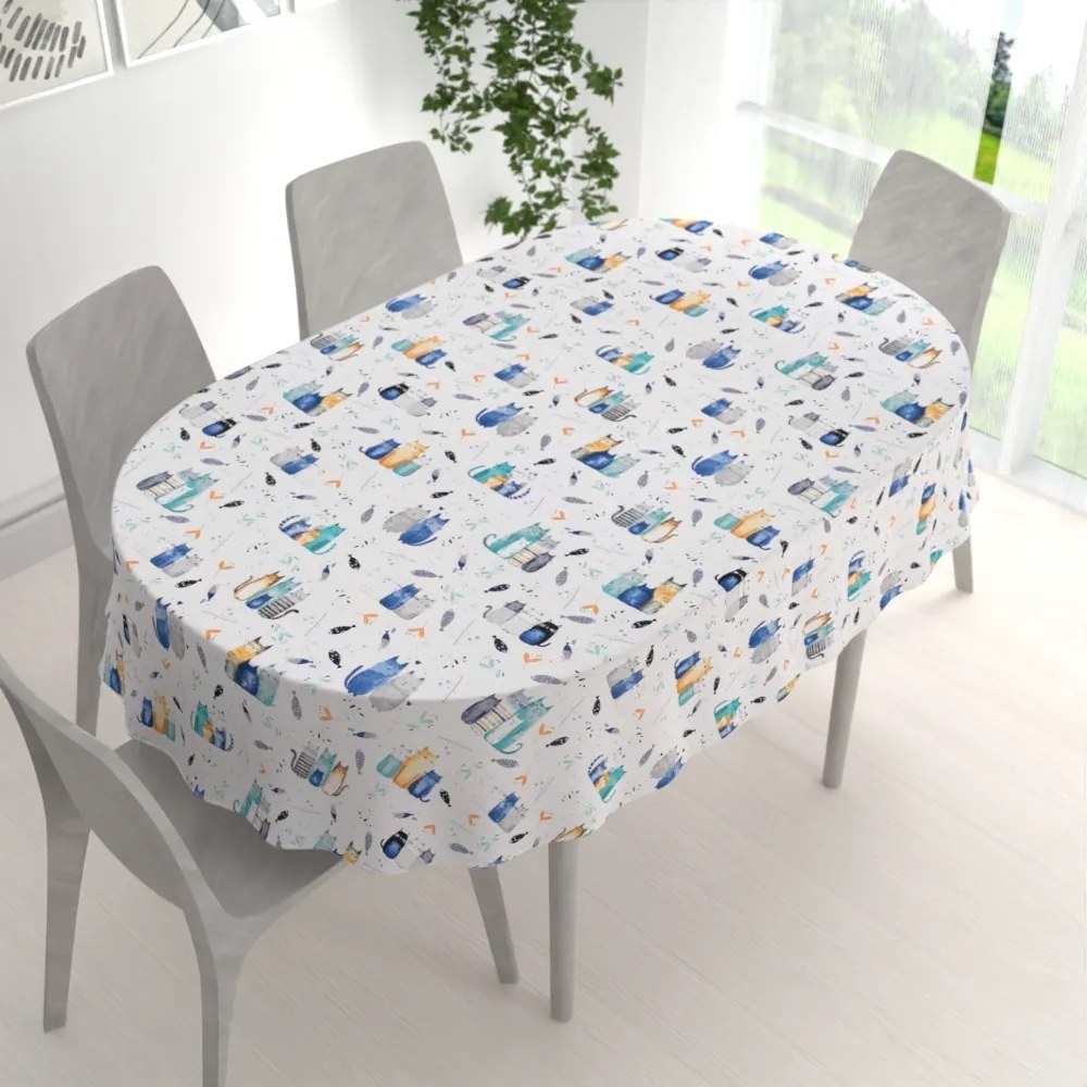 Biante Detský bavlnený oválny obrus Sandra SA-653 Mačací svet modrý na bielom 140x220 cm