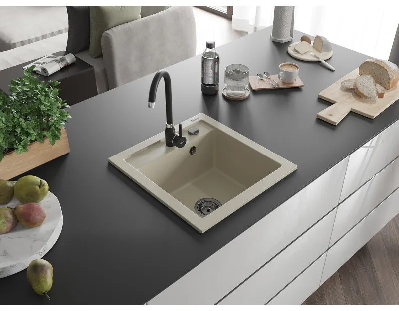 Mexen Vito, 1-komorový granitový drez 520x490x210 mm, čierna batéria Telma, béžová, 6503-69-670200-70