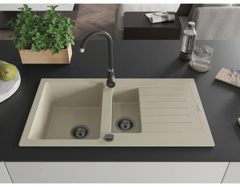 Mexen Matias, granitový drez 900x505x200 mm, 1,5-komorový a čierna batéria Telma, béžová, 6502-69-670200-70