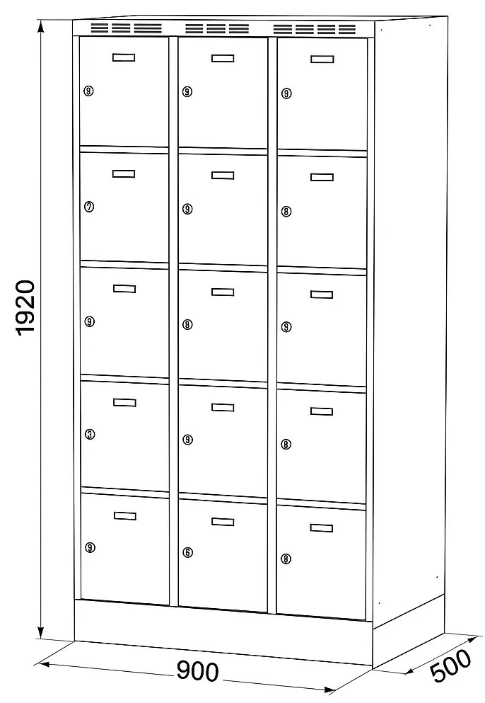 Alfa 3 Šatníková skrinka S6 na sokli s úložnými boxami, 15 boxov, 1920 x 900 x 500 mm, otočný zámok, tmavosivé dvere