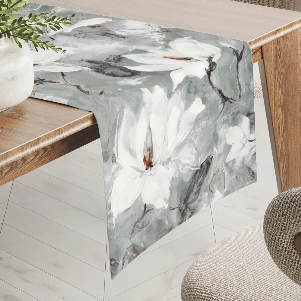 Biante Zamatový behúň na stôl Tamara TMR-016 Designové kvetiny na sivozelenom 45x160 cm