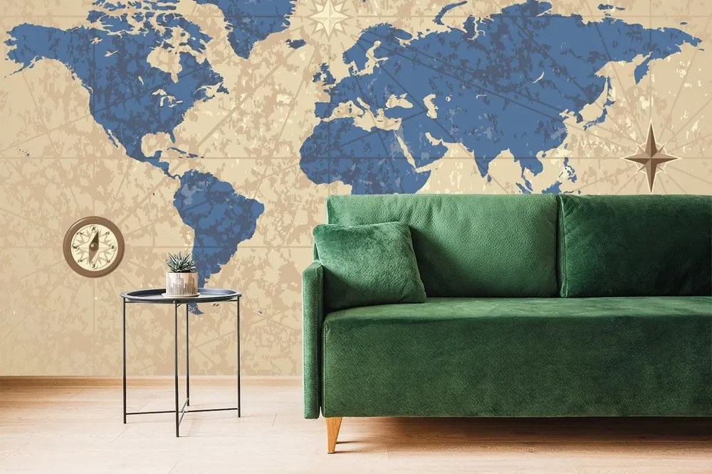 Samolepiaca tapeta mapa sveta s kompasom v retro štýle - 300x200