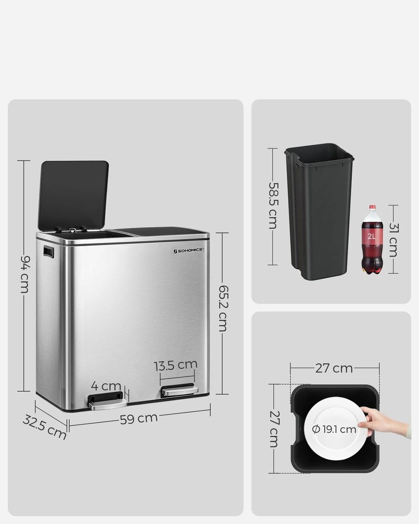Vasagle Kôš na separovanie odpadu SORT, 2x30l+vrecia na odpadky, strieborná/čierna