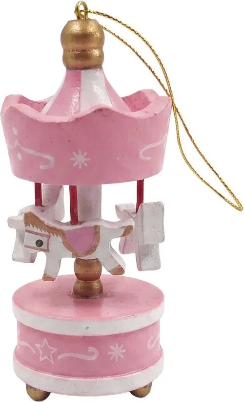 Set 6ks ružová vianočná drevená ozdoba kolotoč s koníkmi - 6*1*18 cm