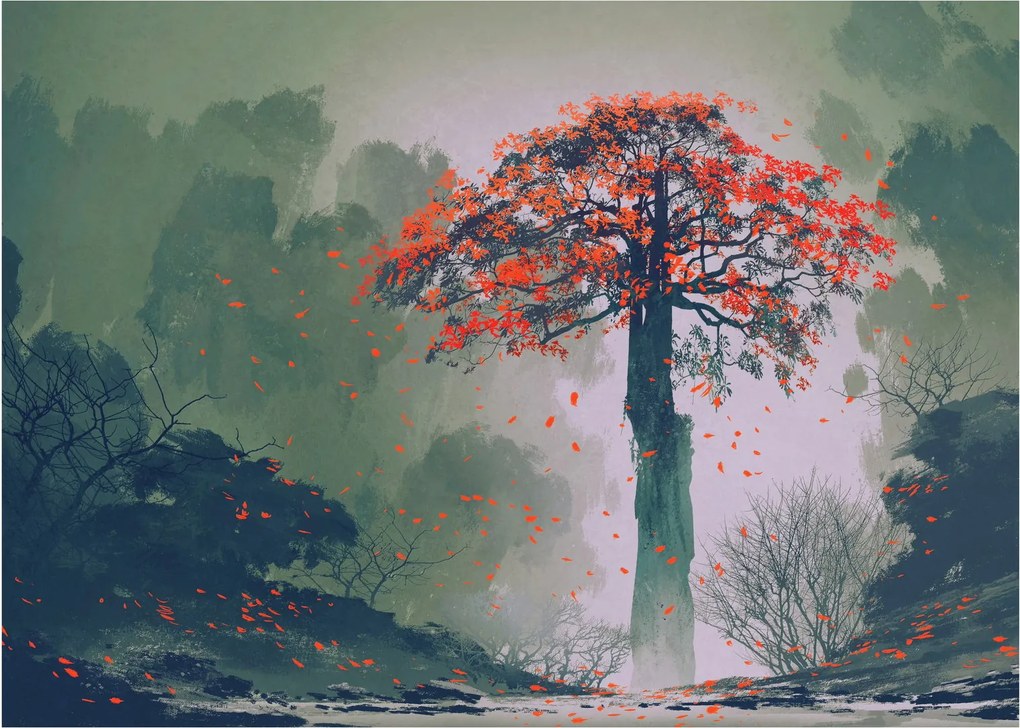 Sklenený obraz osamoteného červeného stromu (70x50 cm)