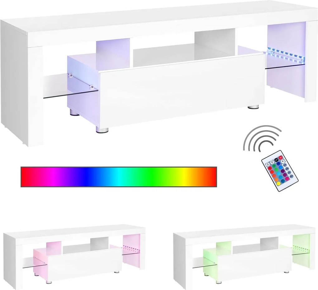 VASAGLE TV stolík biely farebné LED podsvietenie 140 x 45 x 35 cm