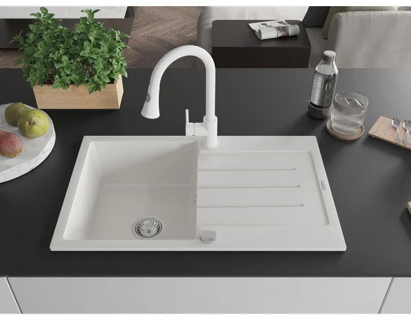 Mexen Bruno, 1-komorový granitový drez 795x495x200 mm a drezová batéria Elia, biela, 6513-20-670101-20