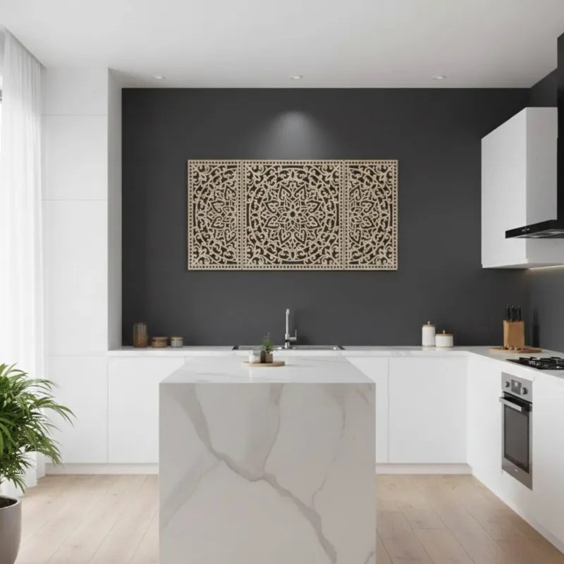 Drevená nástenná dekorácia trojdielna mandala do interiéru | SENTOP HDF0514-B