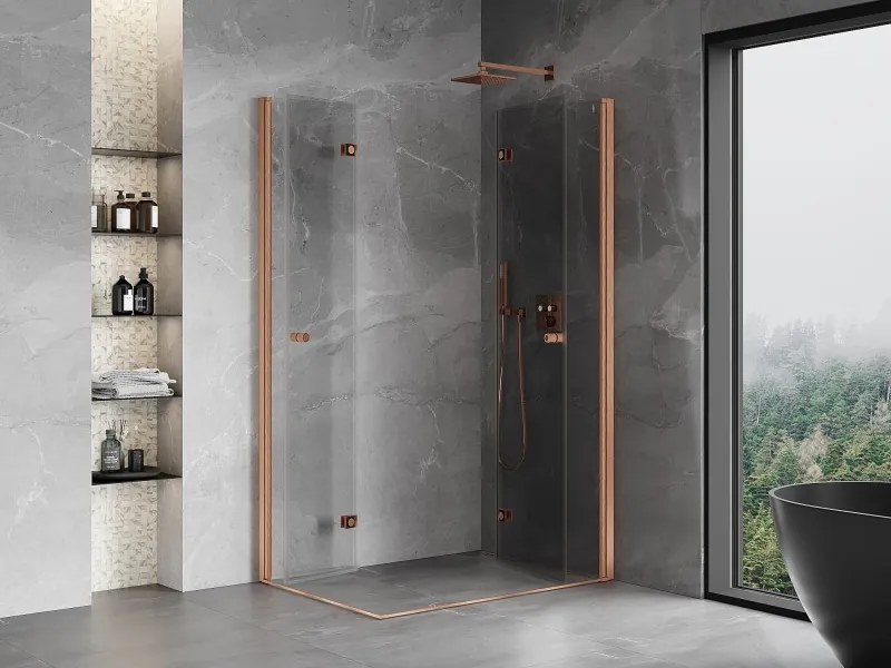 Mexen Mist-F Duo, skladací sprchový kút 70 x 75 cm, priehľadný, brúsená meď - 8A6-070L-075P-65-00