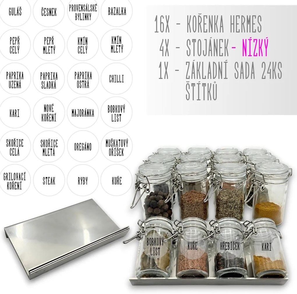 Orion Sada 16ks koreničiek HERMES 100ml + 4ks organizér na koreničky VASKY - NEREZ (nízky) + sada 24ks štítkov