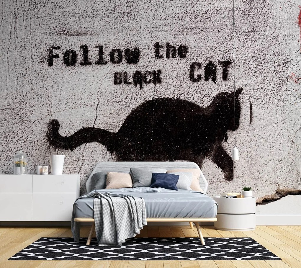 Gario Fototapeta Čierna mačka - sledovať čiernu mačku, betón Materiál: Vliesová, Rozmery: 200 x 140 cm